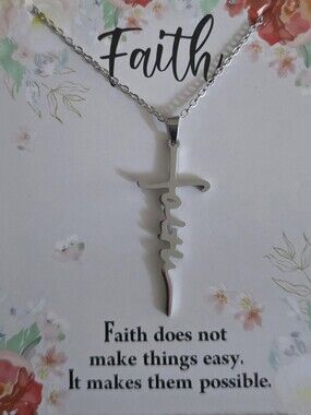 Faith Script Cross Pendant Necklace - Silver Tone